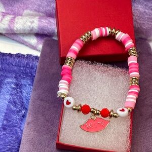 Pink and Red Clay Beaded Bracelet with Pink “Kiss Me” lip charm and red gift box